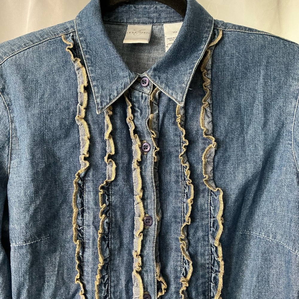 Emma James size 10 Denim Ruffle Button-Up Shirt. - Picture 2 of 4